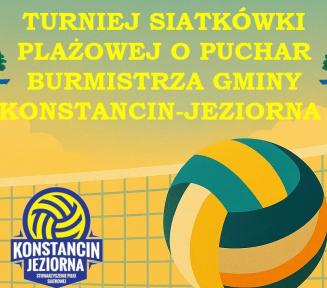 Plakat Turnieju Siatkówki Plażowej o Puchar Burmistrza Gminy Konstancin-Jeziorna. Wydarzenie odbędzie się 23.08.2026 r. o godz. 10:00 na boiskach WawaWake w Bielawie (ul. Wspólna 80). Turniej w kategoriach żeńskiej i męskiej, brak wpisowego, obowiązuje limit 8 miejsc.