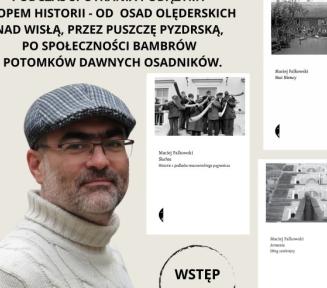 Plakat spotkania autorskiego z Maciejem Falkowskim (24.09.2026, godz. 18.00, Filia na Grapie, ul. Sobieskiego 13). Zawiera portret autora w kaszkiecie, okładki jego książek oraz informację o tematyce spotkania poświęconej osadom olęderskim nad Wisłą. Wstęp wolny.