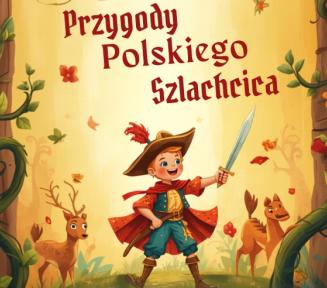 Bajkowy plakat zapraszający na spektakl dla dzieci „Przygody Polskiego Szlachcica”. Ilustracja w zielono-złotej oprawie przedstawia uśmiechniętego chłopca w stroju szlacheckim z mieczem w dłoni, otoczonego przez zwierzęta leśne. Przedstawienie odbędzie się 20 września (niedziela) o godz. 16:00 w Filii na Grapie (ul. Sobieskiego 13, Willa „Gryf”). Wstęp wolny.
