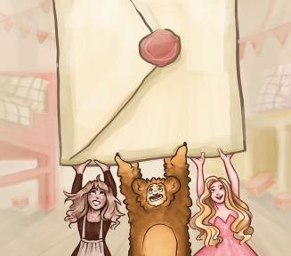 Rysunkowa ilustracja przedstawiająca pokój dziecięcy, w którym trzy postacie – zniszczona lalka, niedźwiadek w pluszowym kostiumie oraz blond lalka w różowej sukience – wspólnie unoszą w górę wielką kopertę pieczętowaną czerwoną lakową pieczęcią.