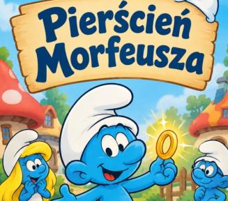 Plakat zapowiadający spektakl dla dzieci „Pierścień Morfeusza” organizowany przez Bibliotekę Publiczną w Konstancinie-Jeziornie. Kolorowa ilustracja w scenerii wioski Smerfów przedstawia Smerfa trzymającego świecący pierścień oraz obok Smerfetkę i innego Smerfa. Szczegóły wydarzenia: 26.10.2026 r., godz. 17.00, Biblioteka Główna (ul. Świetlicowa 1). Wstęp wolny. W lewym górnym rogu znajduje się logo BPKJ.