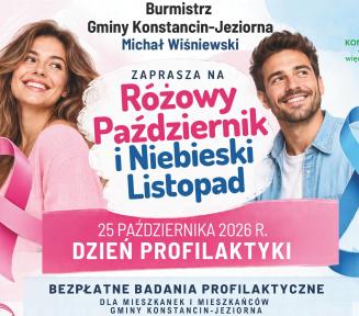Plakat zapraszający na Dzień Profilaktyki 25 października 2026 r. w Konstancinie-Jeziornie, z wizerunkami kobiety i mężczyzny oraz różową i niebieską wstążką symbolizującymi profilaktykę nowotworową.