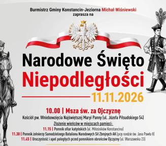 Plakat promujący gminne obchody święta niepodległości. Treść z plakatu znajduje się w treści artykułu.