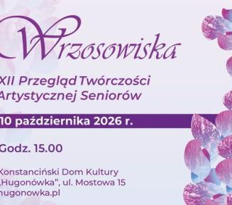 Logo z kaligrafowanym, fioletowym napisem „Wrzosowiska”, pod którym umieszczono fioletowy podtytuł „Przegląd Twórczości Artystycznej Seniorów” na białym tle.